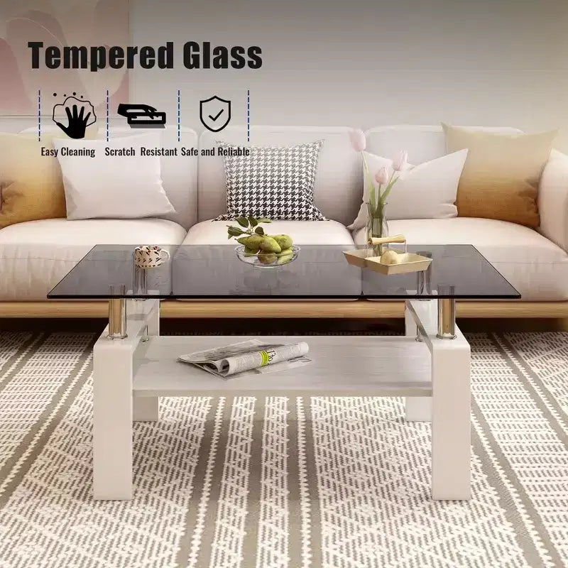 Table basse rectangulaire moderne à 2 niveaux avec plateau en verre trempé et pieds en métal, table d'appoint centrale avec étagère en MDF pour le salon