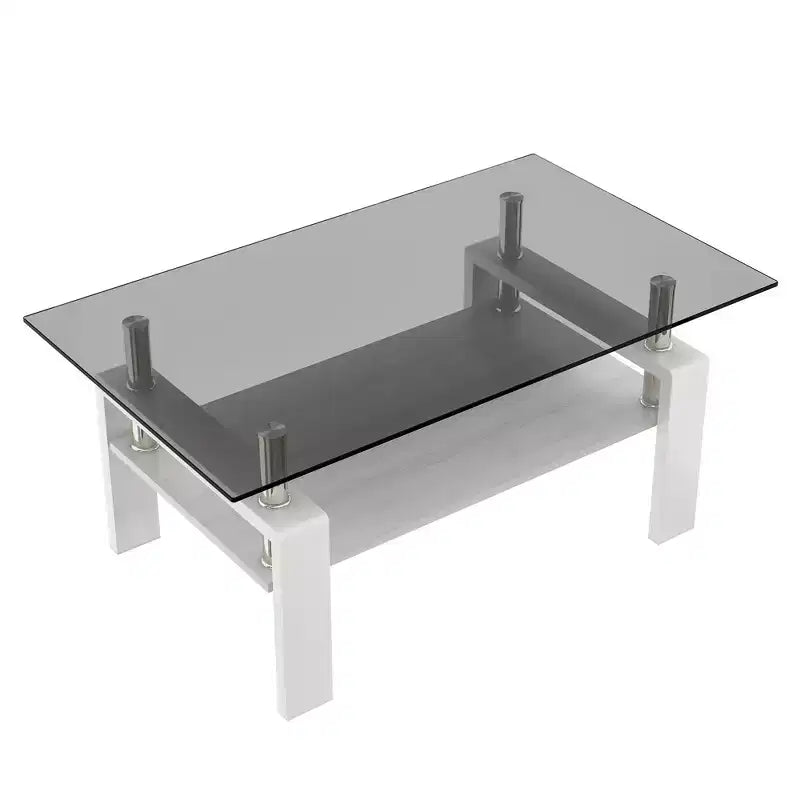 Table basse rectangulaire moderne à 2 niveaux avec plateau en verre trempé et pieds en métal, table d'appoint centrale avec étagère en MDF pour le salon