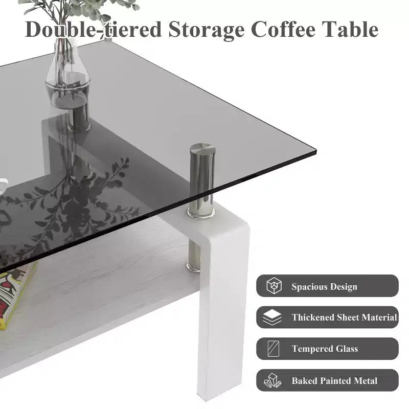 Table basse rectangulaire moderne à 2 niveaux avec plateau en verre trempé et pieds en métal, table d'appoint centrale avec étagère en MDF pour le salon