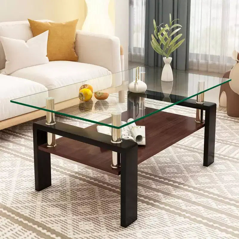 Table basse rectangulaire moderne à 2 niveaux avec plateau en verre trempé et pieds en métal, table d'appoint centrale avec étagère en MDF pour le salon