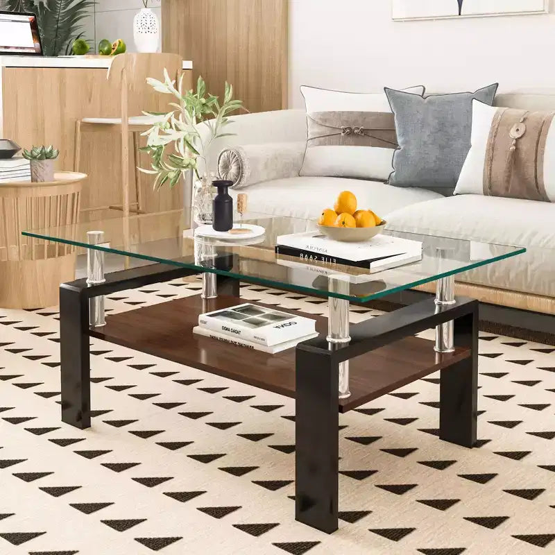 Table basse rectangulaire moderne à 2 niveaux avec plateau en verre trempé et pieds en métal, table d'appoint centrale avec étagère en MDF pour le salon