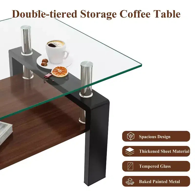 Table basse rectangulaire moderne à 2 niveaux avec plateau en verre trempé et pieds en métal, table d'appoint centrale avec étagère en MDF pour le salon