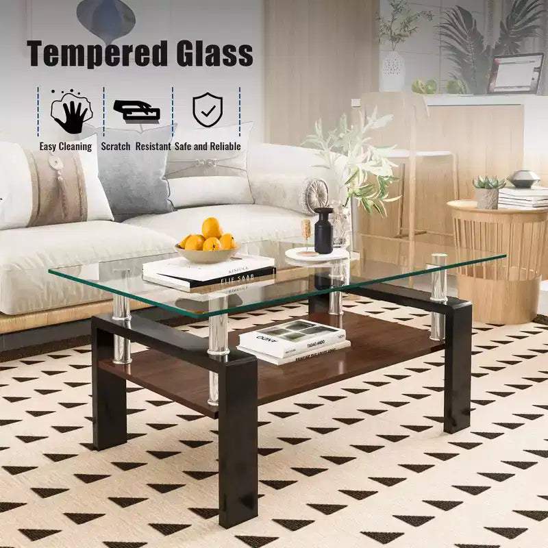 Table basse rectangulaire moderne à 2 niveaux avec plateau en verre trempé et pieds en métal, table d'appoint centrale avec étagère en MDF pour le salon