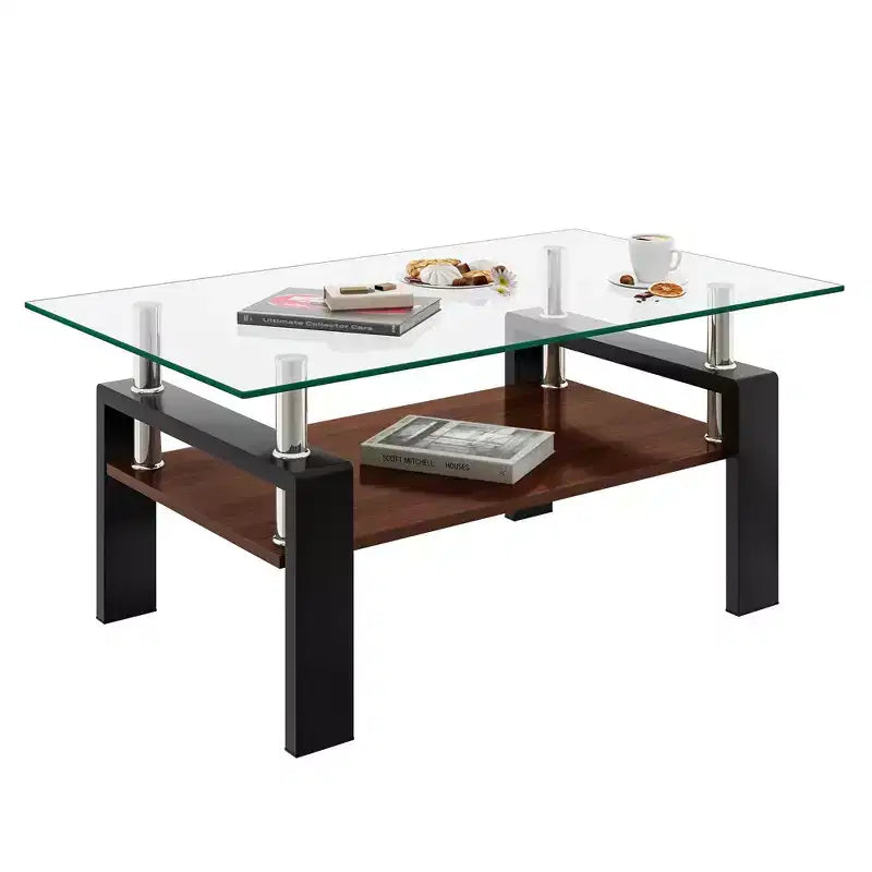 Table basse rectangulaire moderne à 2 niveaux avec plateau en verre trempé et pieds en métal, table d'appoint centrale avec étagère en MDF pour le salon