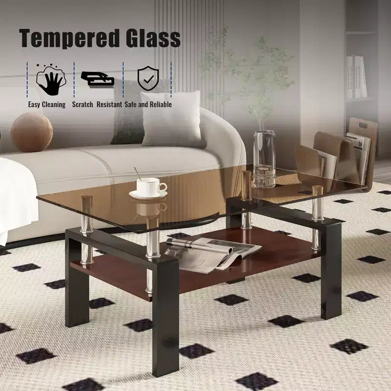 Table basse rectangulaire moderne à 2 niveaux avec plateau en verre trempé et pieds en métal, table d'appoint centrale avec étagère en MDF pour le salon