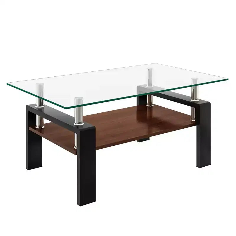 Table basse rectangulaire moderne à 2 niveaux avec plateau en verre trempé et pieds en métal, table d'appoint centrale avec étagère en MDF pour le salon