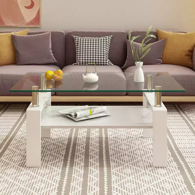 Table basse rectangulaire moderne à 2 niveaux avec plateau en verre trempé et pieds en métal, table d'appoint centrale avec étagère en MDF pour le salon