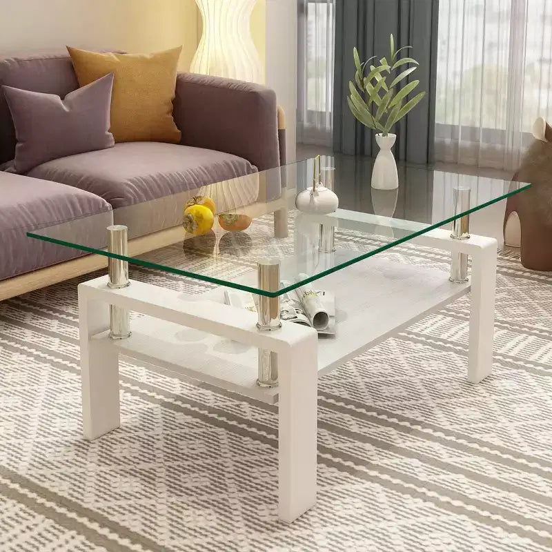 Table basse rectangulaire moderne à 2 niveaux avec plateau en verre trempé et pieds en métal, table d'appoint centrale avec étagère en MDF pour le salon