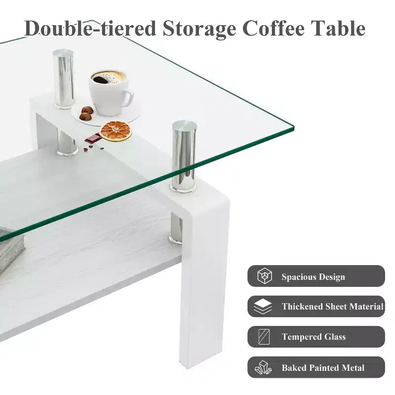 Table basse rectangulaire moderne à 2 niveaux avec plateau en verre trempé et pieds en métal, table d'appoint centrale avec étagère en MDF pour le salon