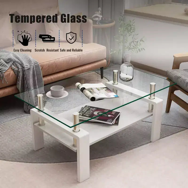 Table basse rectangulaire moderne à 2 niveaux avec plateau en verre trempé et pieds en métal, table d'appoint centrale avec étagère en MDF pour le salon