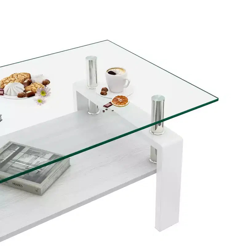 Table basse rectangulaire moderne à 2 niveaux avec plateau en verre trempé et pieds en métal, table d'appoint centrale avec étagère en MDF pour le salon