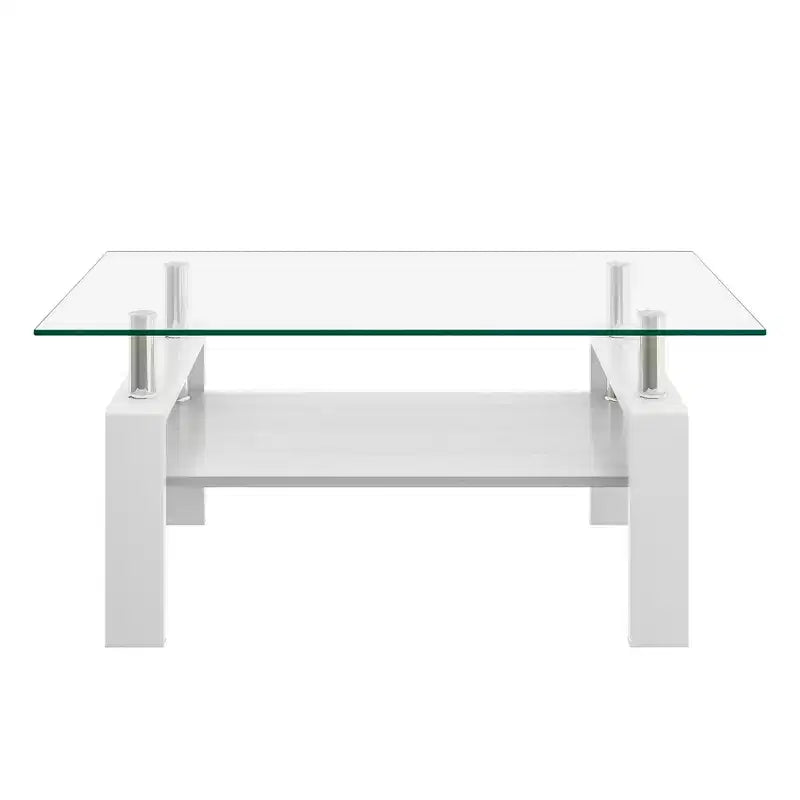 Table basse rectangulaire moderne à 2 niveaux avec plateau en verre trempé et pieds en métal, table d'appoint centrale avec étagère en MDF pour le salon