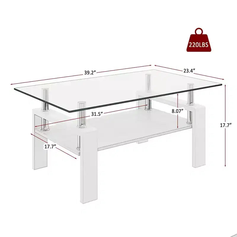Table basse rectangulaire moderne à 2 niveaux avec plateau en verre trempé et pieds en métal, table d'appoint centrale avec étagère en MDF pour le salon
