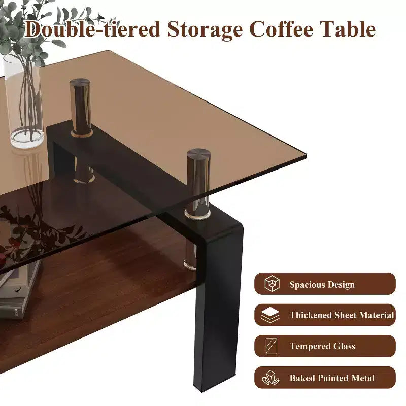 Table basse rectangulaire moderne à 2 niveaux avec plateau en verre trempé et pieds en métal, table d'appoint centrale avec étagère en MDF pour le salon