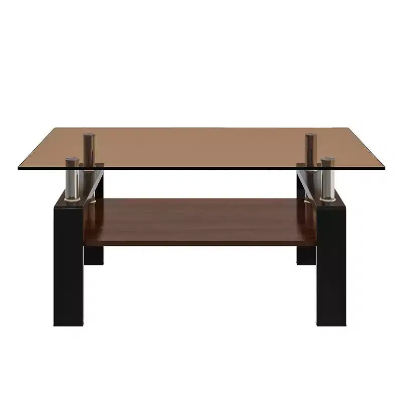 Table basse rectangulaire moderne à 2 niveaux avec plateau en verre trempé et pieds en métal, table d'appoint centrale avec étagère en MDF pour le salon