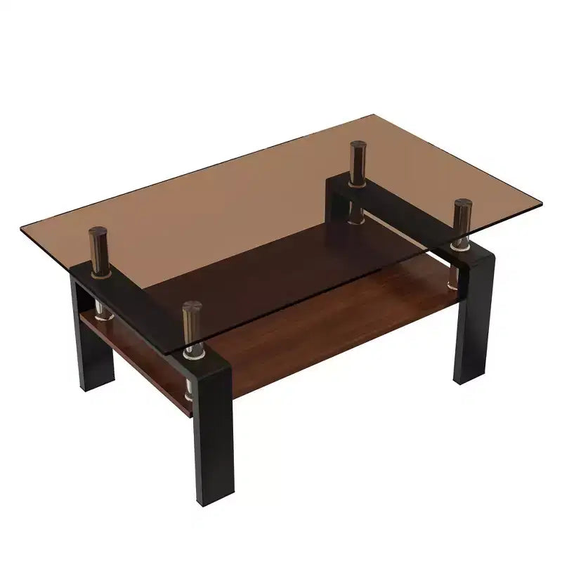 Table basse rectangulaire moderne à 2 niveaux avec plateau en verre trempé et pieds en métal, table d'appoint centrale avec étagère en MDF pour le salon