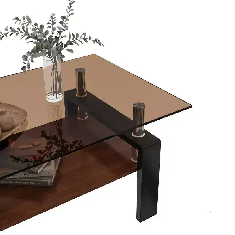 Table basse rectangulaire moderne à 2 niveaux avec plateau en verre trempé et pieds en métal, table d'appoint centrale avec étagère en MDF pour le salon