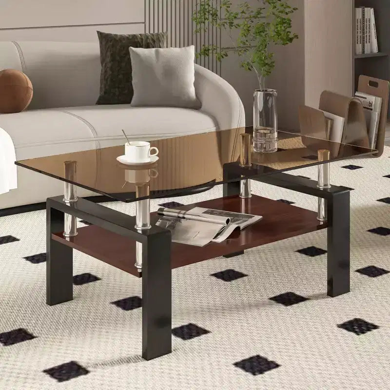 Table basse rectangulaire moderne à 2 niveaux avec plateau en verre trempé et pieds en métal, table d'appoint centrale avec étagère en MDF pour le salon