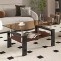 Table basse rectangulaire moderne à 2 niveaux avec plateau en verre trempé et pieds en métal, table d'appoint centrale avec étagère en MDF pour le salon