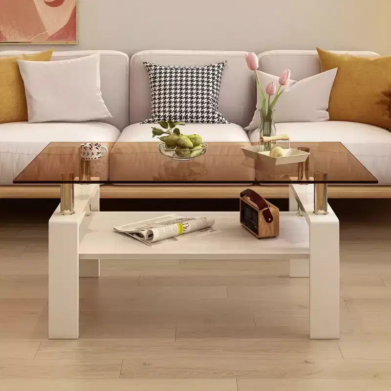 Table basse rectangulaire moderne à 2 niveaux avec plateau en verre trempé et pieds en métal, table d'appoint centrale avec étagère en MDF pour le salon