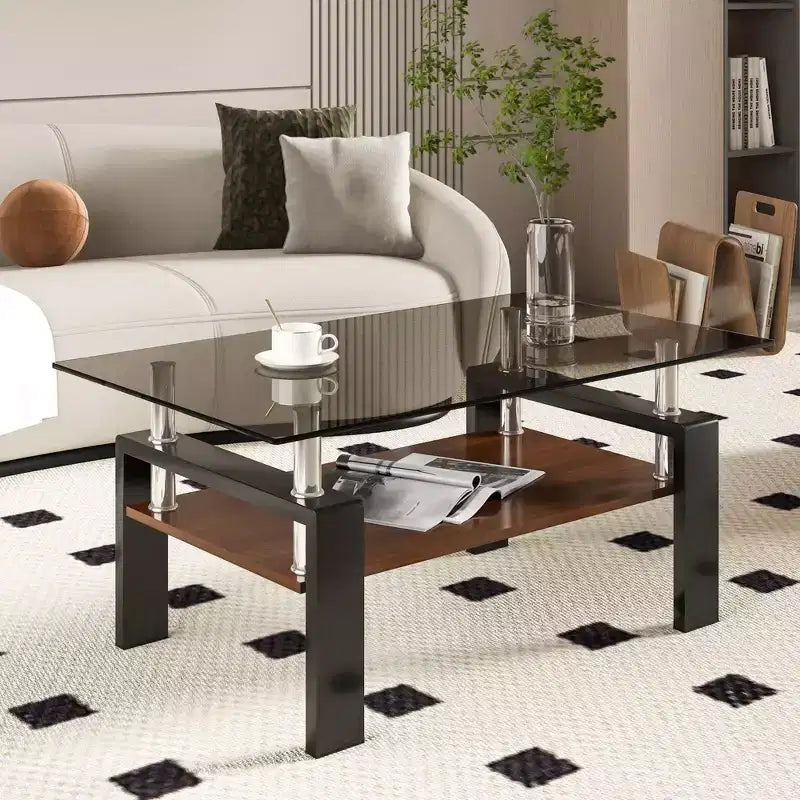 Table basse rectangulaire moderne à 2 niveaux avec plateau en verre trempé et pieds en métal, table d'appoint centrale avec étagère en MDF pour le salon