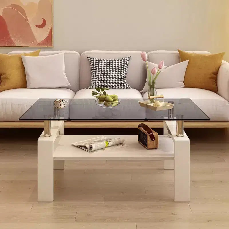 Table basse rectangulaire moderne à 2 niveaux avec plateau en verre trempé et pieds en métal, table d'appoint centrale avec étagère en MDF pour le salon