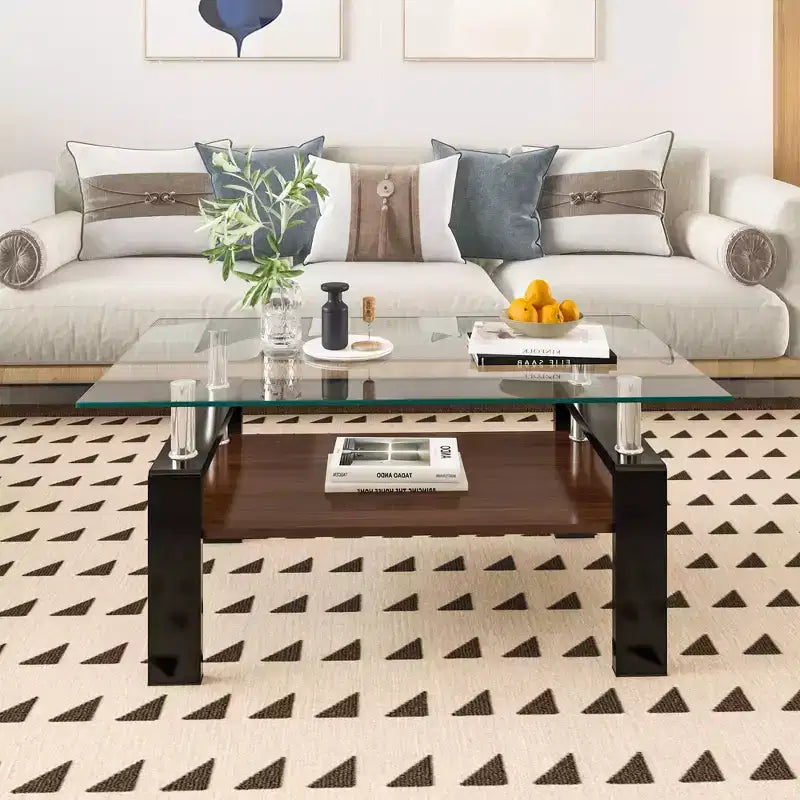 Okak Rectangle Modern 2-Tier Coffee Table with Tempered Glass Top &amp; Metal Legs,Accent Center Table with MDF Layer for Living Room