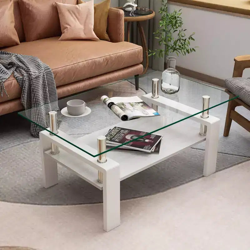 Table basse rectangulaire moderne à 2 niveaux avec plateau en verre trempé et pieds en métal, table d'appoint centrale avec étagère en MDF pour le salon