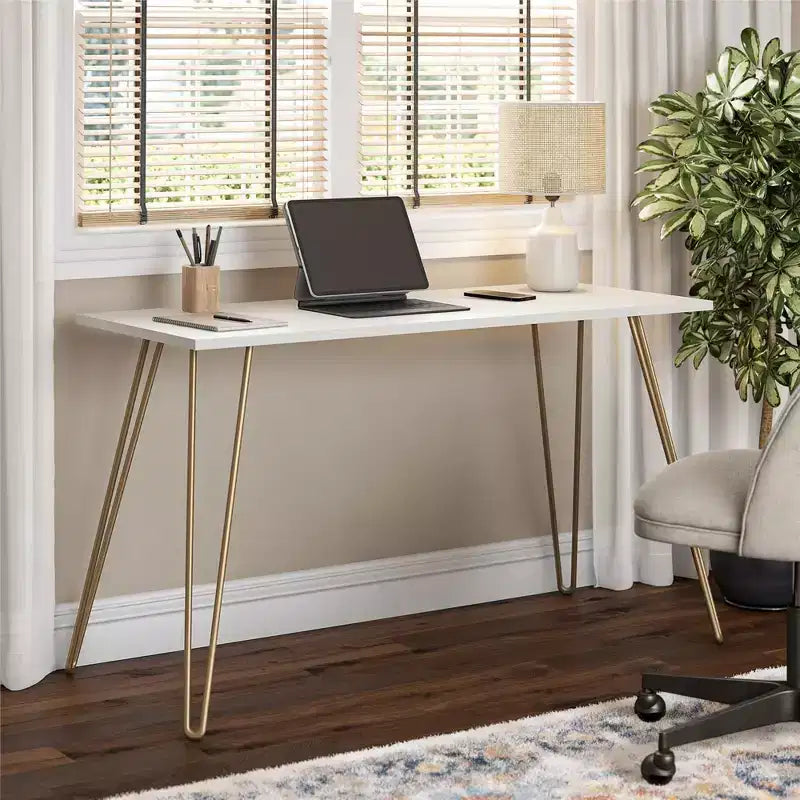 Bureau, Table d'étude moderne avec plateau en bois d'ingénierie durable, pieds en métal épingle, poste de travail compact pour petits espaces