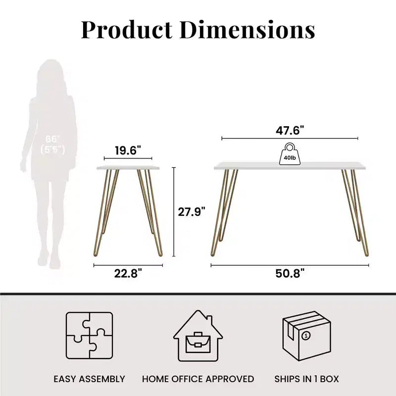 Bureau, Table d'étude moderne avec plateau en bois d'ingénierie durable, pieds en métal épingle, poste de travail compact pour petits espaces