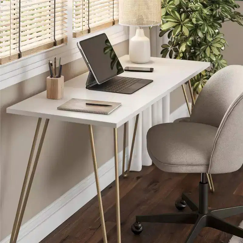 Bureau, Table d'étude moderne avec plateau en bois d'ingénierie durable, pieds en métal épingle, poste de travail compact pour petits espaces