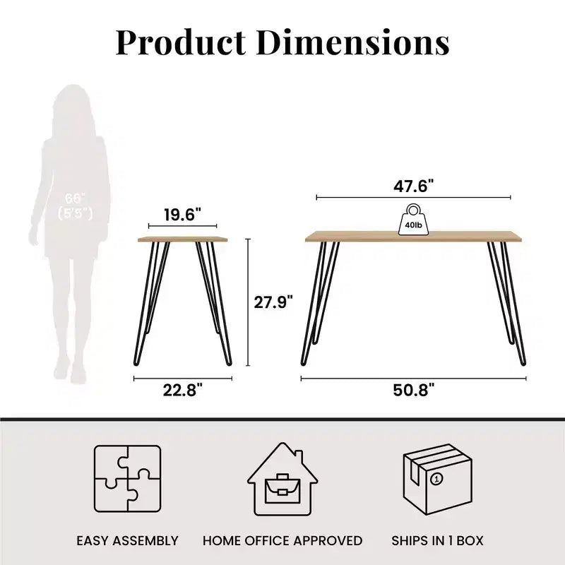 Bureau, Table d'étude moderne avec plateau en bois d'ingénierie durable, pieds en métal épingle, poste de travail compact pour petits espaces