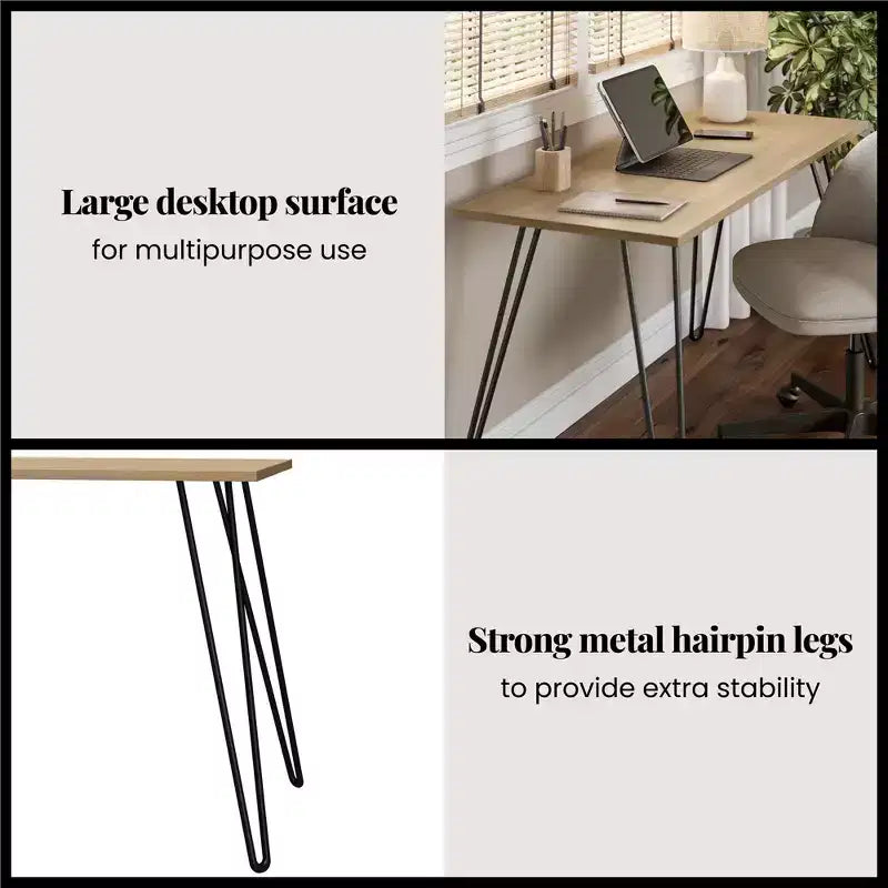 Bureau, Table d'étude moderne avec plateau en bois d'ingénierie durable, pieds en métal épingle, poste de travail compact pour petits espaces