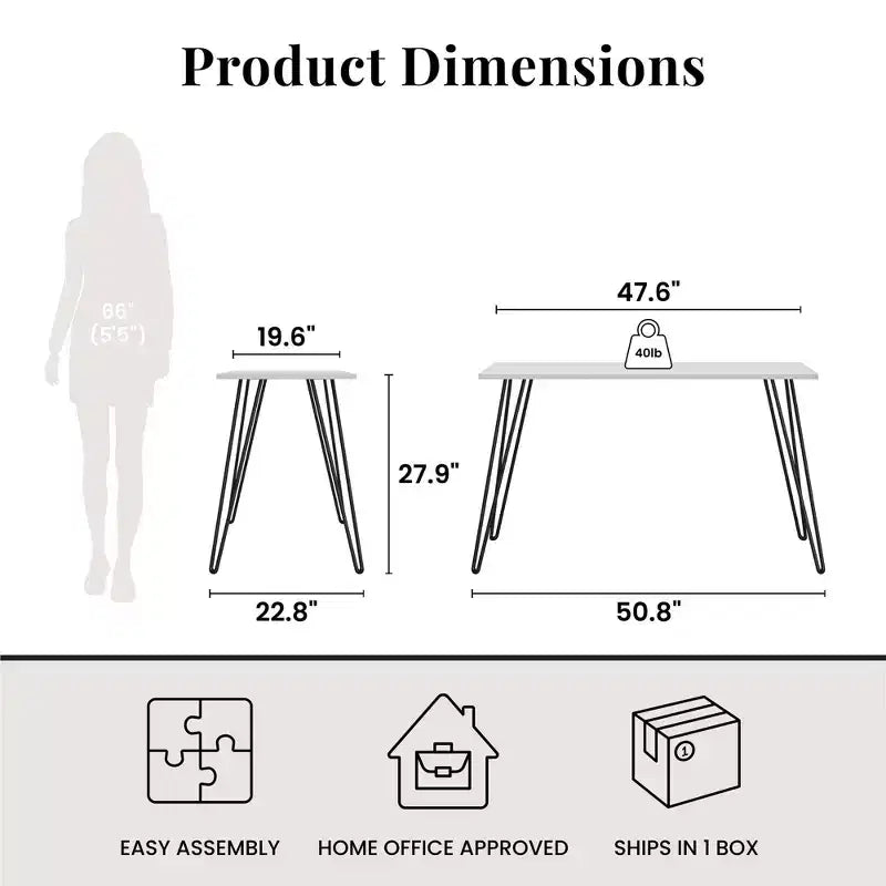 Bureau, Table d'étude moderne avec plateau en bois d'ingénierie durable, pieds en métal épingle, poste de travail compact pour petits espaces