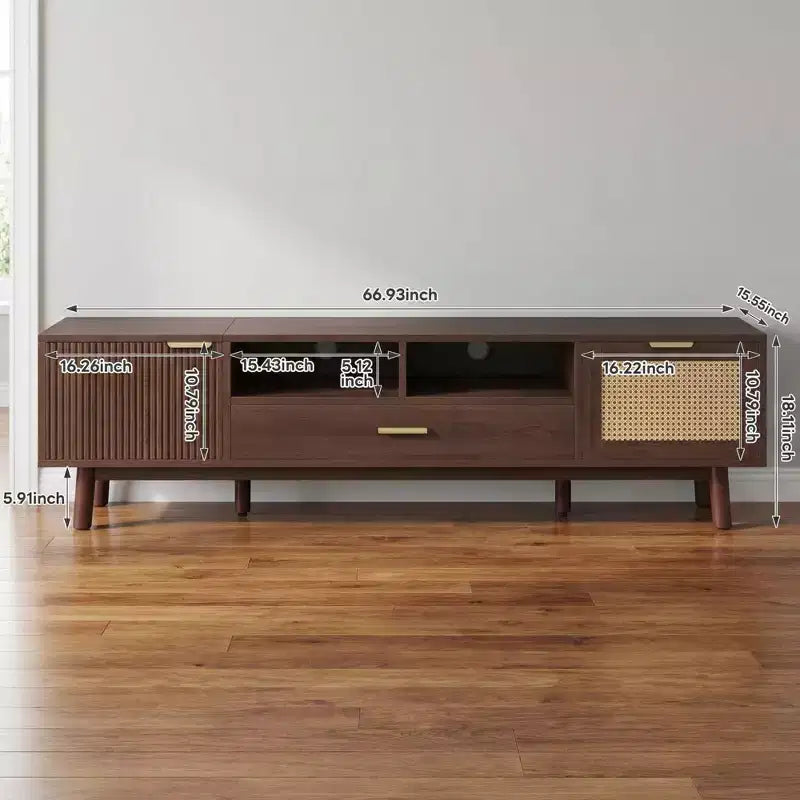 Meuble TV en bois tendance pour téléviseurs de 75 pouces, meuble TV avec porte à fermeture douce et armoire à porte rabattable, consoles TV modernes pour salon
