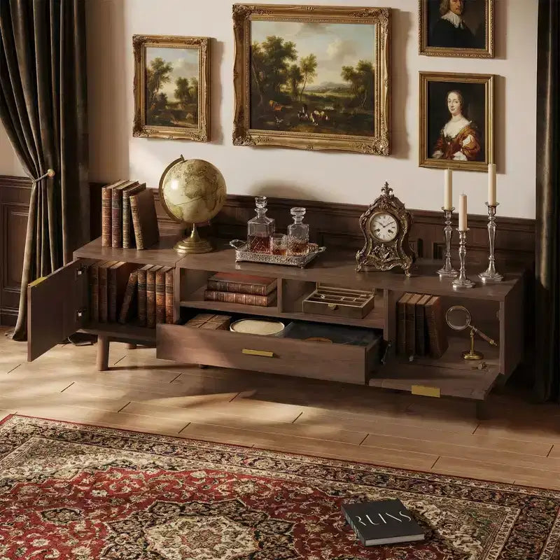 Meuble TV en bois tendance pour téléviseurs de 75 pouces, meuble TV avec porte à fermeture douce et armoire à porte rabattable, consoles TV modernes pour salon