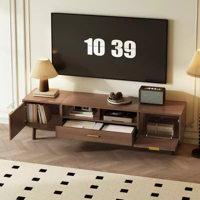 Meuble TV en bois tendance pour téléviseurs de 75 pouces, meuble TV avec porte à fermeture douce et armoire à porte rabattable, consoles TV modernes pour salon