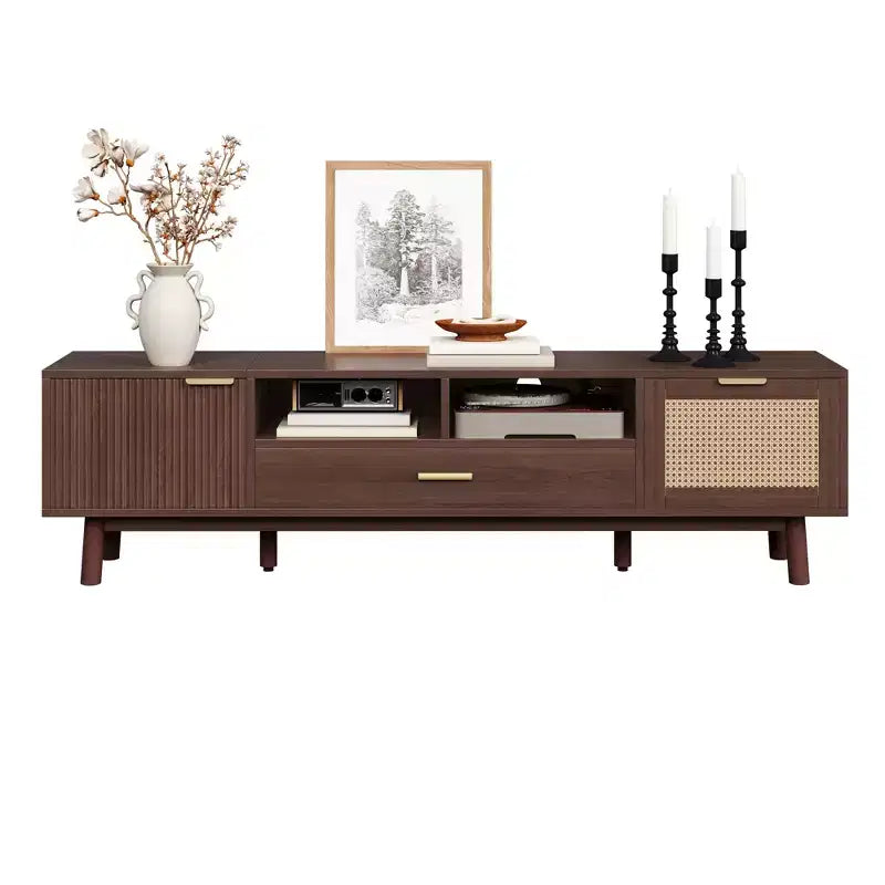 Meuble TV en bois tendance pour téléviseurs de 75 pouces, meuble TV avec porte à fermeture douce et armoire à porte rabattable, consoles TV modernes pour salon