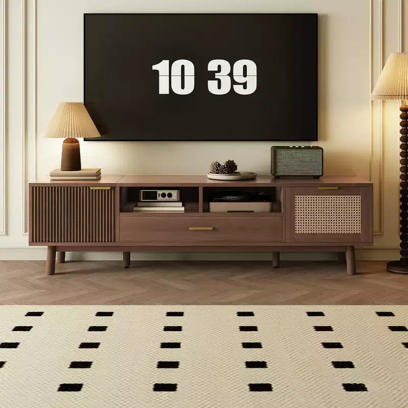 Meuble TV en bois tendance pour téléviseurs de 75 pouces, meuble TV avec porte à fermeture douce et armoire à porte rabattable, consoles TV modernes pour salon