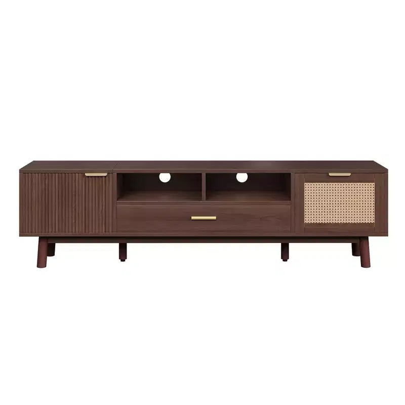 Meuble TV en bois tendance pour téléviseurs de 75 pouces, meuble TV avec porte à fermeture douce et armoire à porte rabattable, consoles TV modernes pour salon