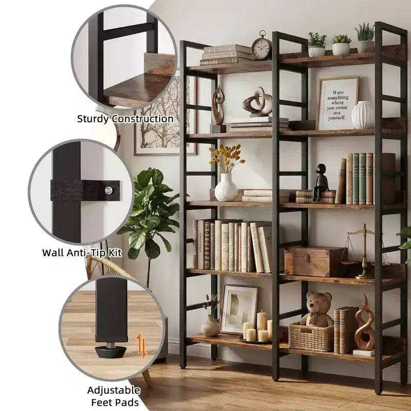 Étagère vintage ouverte à 6 niveaux, bibliothèque de rangement spacieuse pour livres et décorations