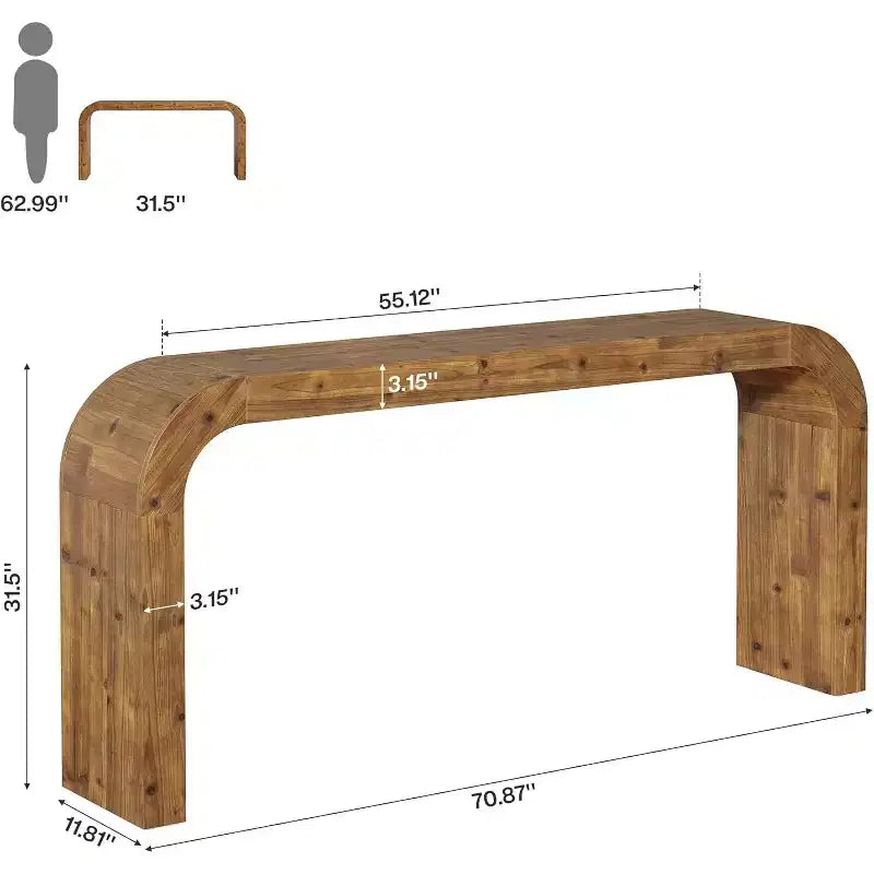 Console en bois massif, table basse de ferme avec coins arrondis pour entrée, salon, derrière le canapé, bois naturel