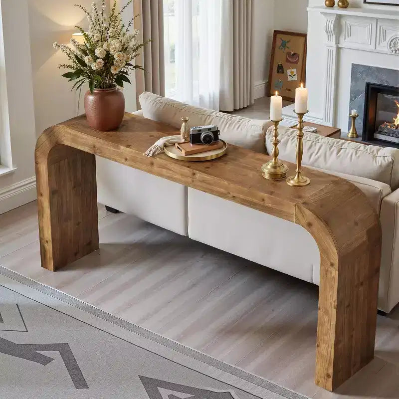 Console en bois massif, table basse de ferme avec coins arrondis pour entrée, salon, derrière le canapé, bois naturel