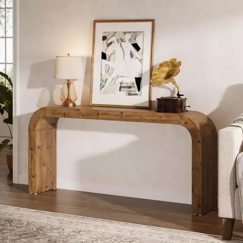 Console en bois massif, table basse de ferme avec coins arrondis pour entrée, salon, derrière le canapé, bois naturel