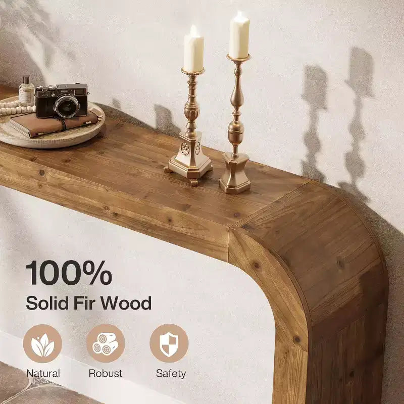 Console en bois massif, table basse de ferme avec coins arrondis pour entrée, salon, derrière le canapé, bois naturel
