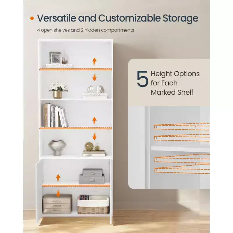 Grande étagère, assemblage ultra-rapide sans outils, bibliothèque de 6 niveaux sur pied avec étagères réglables et porte, blanc neige