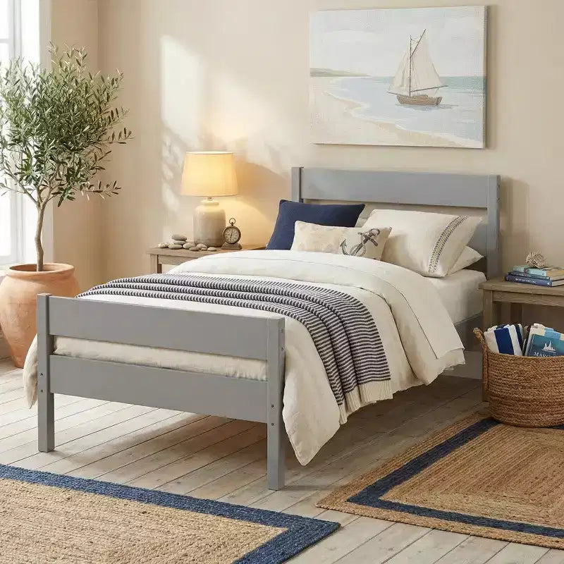Lit plate-forme double avec tête de lit à lattes horizontales, lit en bois sans sommier pour chambre d'enfant
