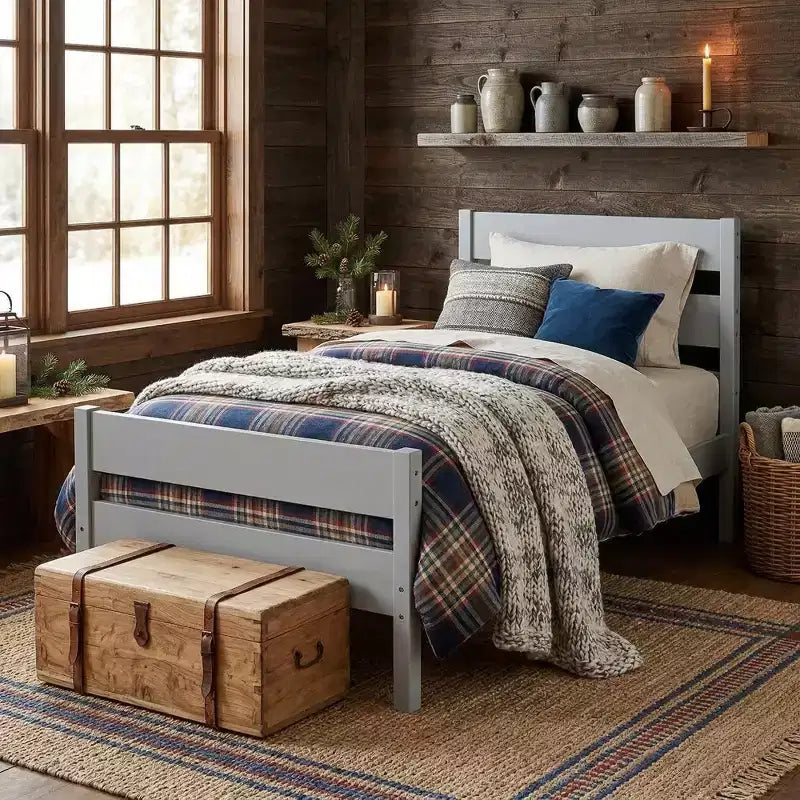 Lit plate-forme double avec tête de lit à lattes horizontales, lit en bois sans sommier pour chambre d'enfant