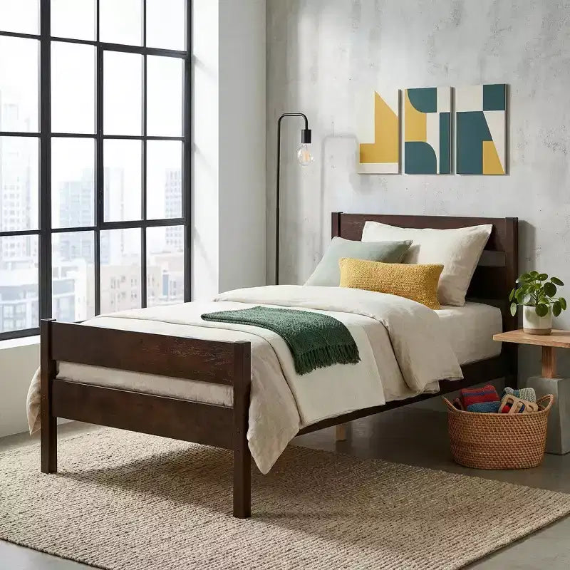 Lit plate-forme double avec tête de lit à lattes horizontales, lit en bois sans sommier pour chambre d'enfant