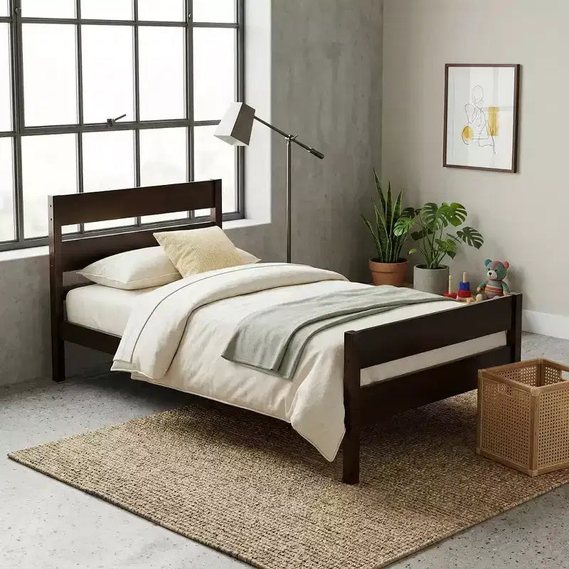 Lit plate-forme double avec tête de lit à lattes horizontales, lit en bois sans sommier pour chambre d'enfant